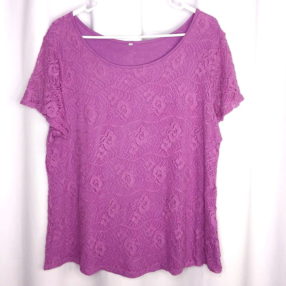 Leo & Nicole Lace Blouse Short Slv Top Lined Rayon Blend Strtch Purple Womens XL